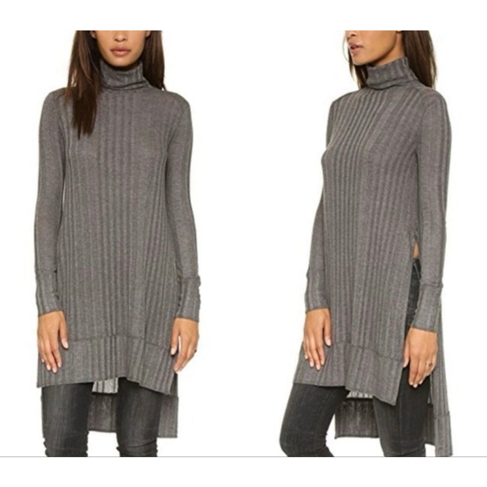 Free People Gray Ribbed Turtleneck L Grunge Layering Work Top